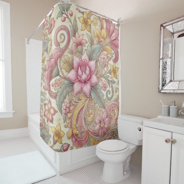 Rideaux De Douche Pastel rose jaune bleu Boho Batik Floral (En situation)