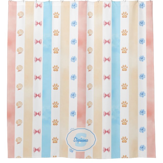 Rideaux De Douche Pastel Stripe - Empreintes de pattes, Fleur Bleue, (Devant)