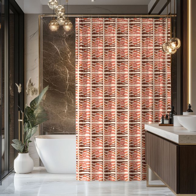 Rideaux De Douche Pastel Xmas Groovy Retro Smiling Emoticons 70th (Pastel Xmas Curtain Groovy Retro Bathroom Accent)