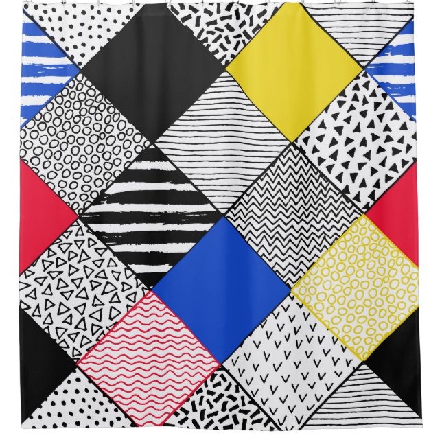 Rideaux De Douche Patchwork arrière - plan : oiseaux, pois. (Devant)