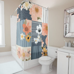 Rideaux De Douche Patchwork Floral Rétro en Rose et Bleu