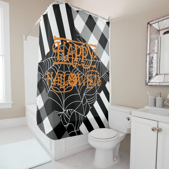 Rideaux De Douche Patchwork Halloween toile d'araignée noir et blanc (En situation)