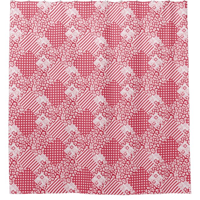 Rideaux De Douche Patchwork rustique rouge et blanc (Devant)