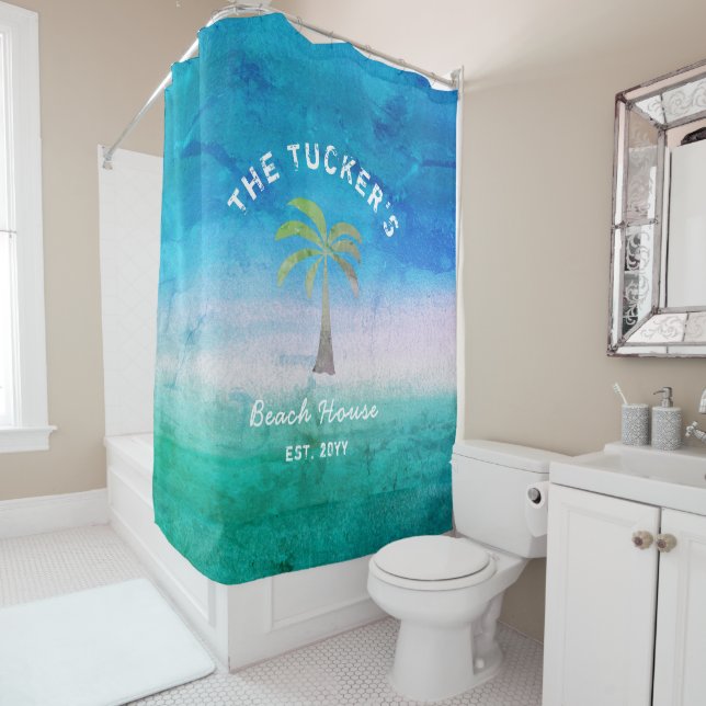 Rideaux De Douche Patiné Ocean Blue Green Beach House Tropical (En situation)