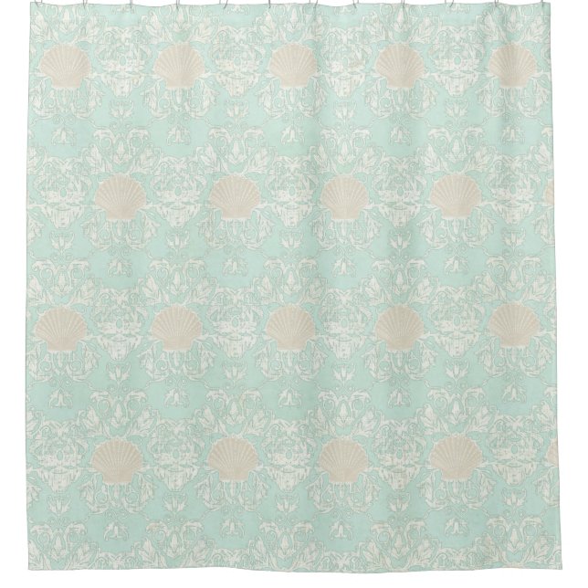 Rideaux De Douche Patiné Scallop Shell Beach Damask Patte Aqua (Devant)