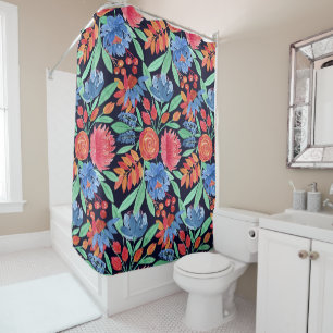 Rideaux De Douche Pattern Artsy Coral Blue Floral Watercolor