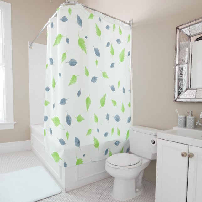 Rideaux De Douche Pattern Blue & Green Leaves (En situation)