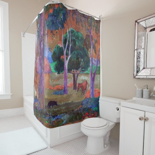 Rideaux De Douche Paul Gauguin - Paysage avec un cochon et un cheval (En situation)