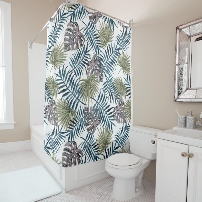 Rideaux De Douche Paume vert Mauve Tropical Feuille Aquarelle Art (En situation)