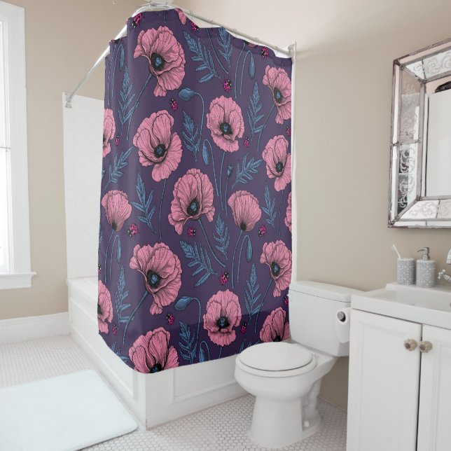 Rideaux De Douche Pavot rose sur violet foncé (En situation)