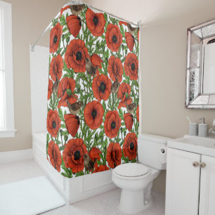 Rideaux De Douche Pavot rouge et brindilles, feuilles verts sur blan