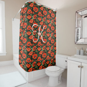 Rideaux De Douche Pavot Rouge Monogrammé Pavots Fleurs Floral Feuill