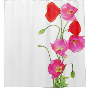 Rideaux De Douche Pavots cultivés roses rouges d'aquarelle unique