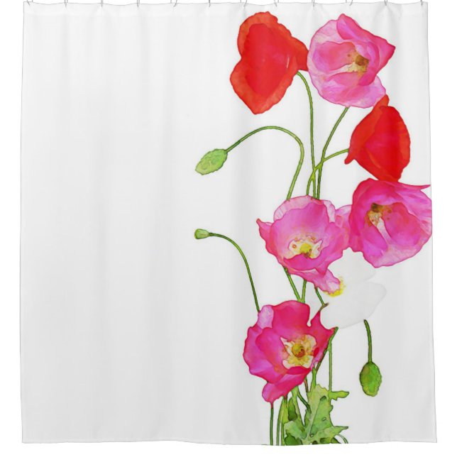 Rideaux De Douche Pavots cultivés roses rouges d'aquarelle unique (Devant)