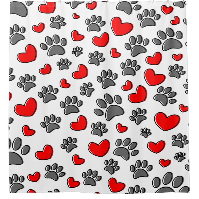 Rideaux De Douche Paw Chien Cute Et Coeurs Rouge Motif Sur Blanc (Devant)