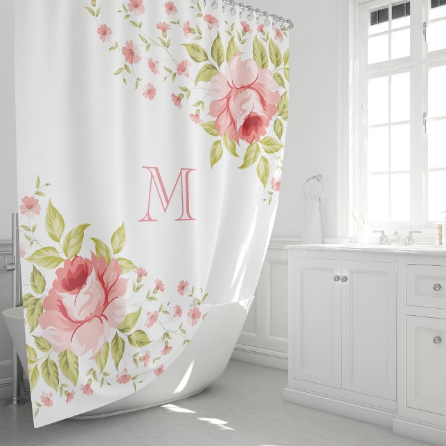 Rideaux De Douche Pays Chic rose Roses Corner Motif Monogramme (Créateur téléchargé)