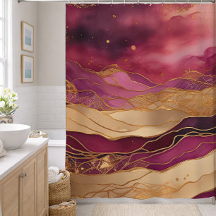 Rideaux De Douche Paysage abstrait aquarelle bordeaux et or
