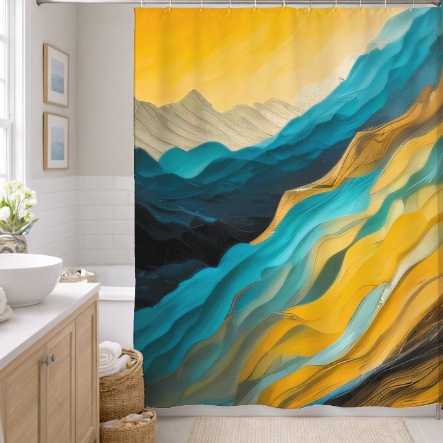 Rideaux De Douche Paysage Abstrait Brun Jaune Bleu (Créateur téléchargé)