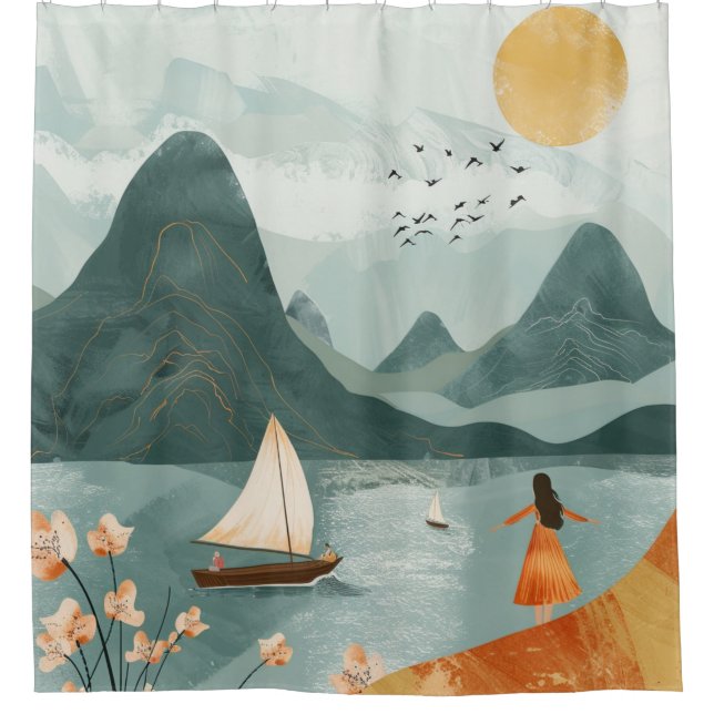 Rideaux De Douche Paysage Abstrait de Boho (11) (Devant)