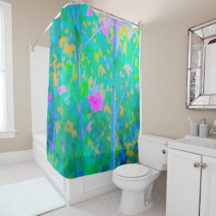 Rideaux De Douche Paysage bleu impressionniste avec fleurs roses