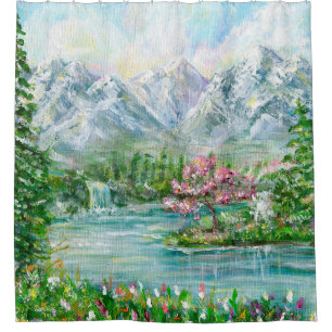 Rideaux De Douche Paysage de montagne de printemps. Main acrylique o