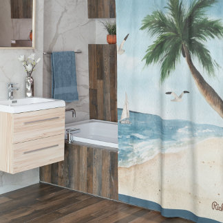 Rideaux De Douche Paysage de plage avec voiliers Aquarelle Salle de 