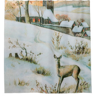 Rideaux De Douche Paysage hivernal vintage de neige avec cerf