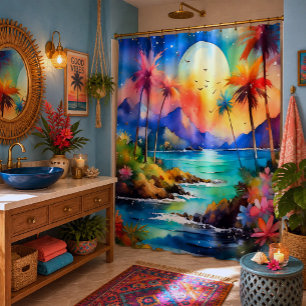 Rideaux De Douche Paysage île océan aquarelle Art tropical 
