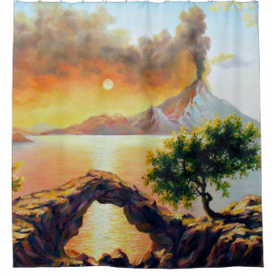 Rideaux De Douche Paysage marin avec l'éruption du volcan, huile sur