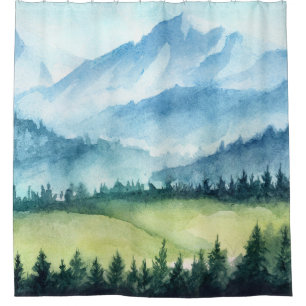 Rideaux De Douche Paysage montagnard, aquarelle illustration artisti