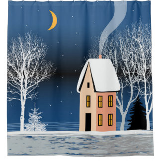 Rideaux De Douche Paysage nocturne d'hiver. Maison cosy, divers arbr