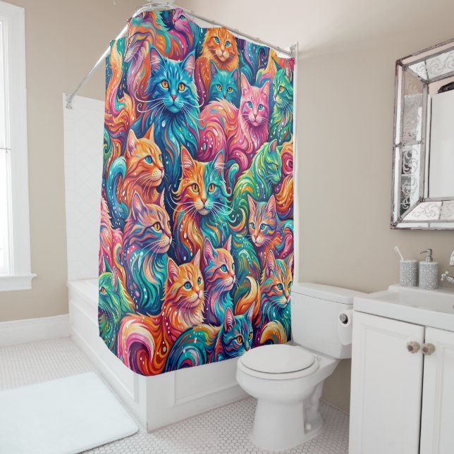 Rideaux De Douche Paysage onirique de chat vibrant – Psychedelique B (En situation)