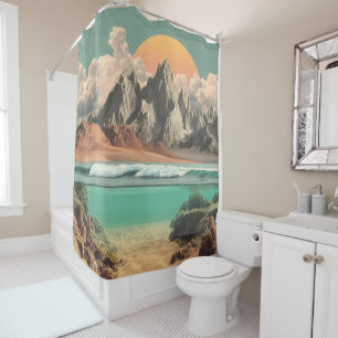 Rideaux De Douche Paysage surréaliste d'océan et de montagnes avec d