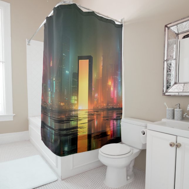 Rideaux De Douche Paysage urbain futuriste avec reflets néon (En situation)