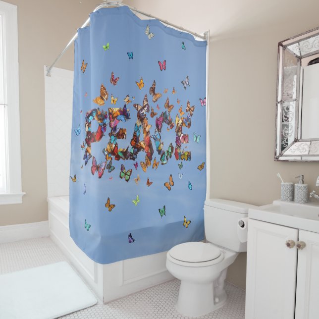 Rideaux De Douche PEACE Blue Sky Butterflies | Motivational Hope Joy (En situation)