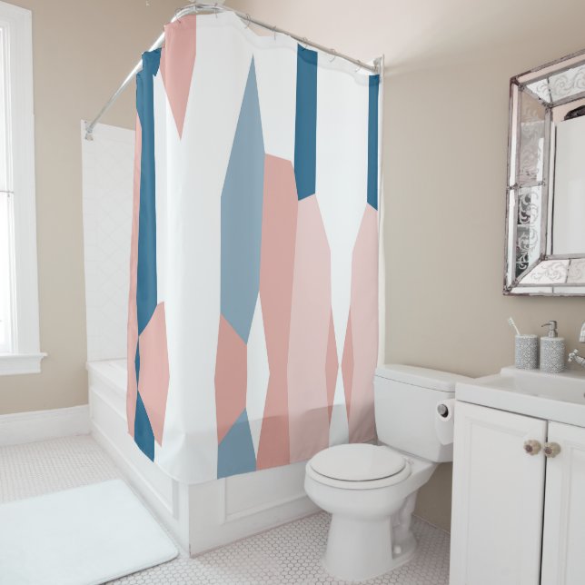 Rideaux De Douche Peachy rose bleu et blanc Abstrait (En situation)