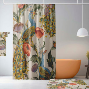 Rideaux De Douche Peacock vintage avec Poppies roses et violettes