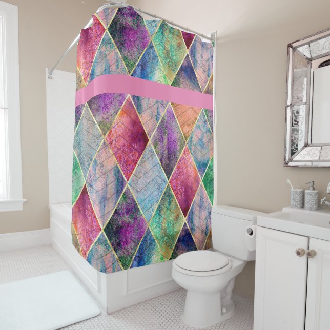 Rideaux De Douche Pearl Harlequin Herringbone Trippy Hippie Rainbow (En situation)