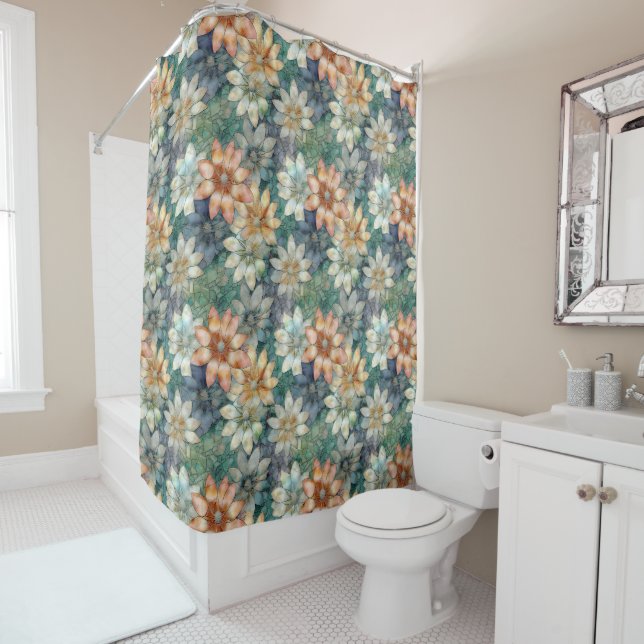 Rideaux De Douche Pêche Blanc Bleu Vert Floral (En situation)