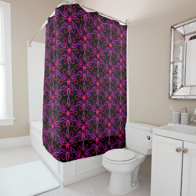 Rideaux De Douche Pêche rose et Motif de poisson pourpre (En situation)