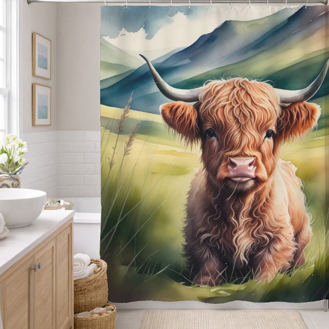 Rideaux De Douche Peinture à l'aquarelle bébé vache des Highlands as (Créateur téléchargé)