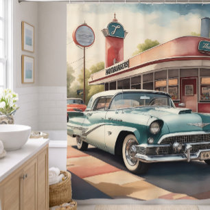 Rideaux De Douche Peinture à l'aquarelle de voiture ancienne et de d