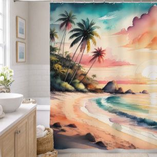 Rideaux De Douche Peinture à l'aquarelle du coucher de soleil sur la