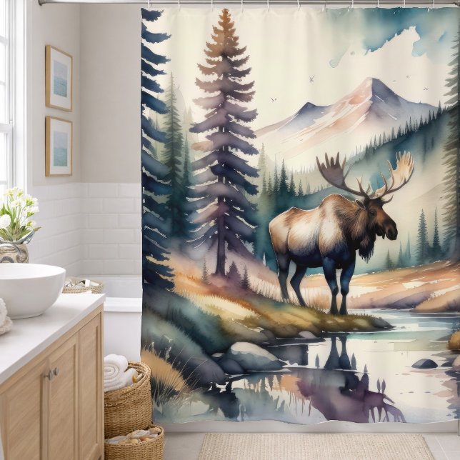 Rideaux De Douche Peinture à l'aquarelle d'un orignal dans la forêt (Créateur téléchargé)