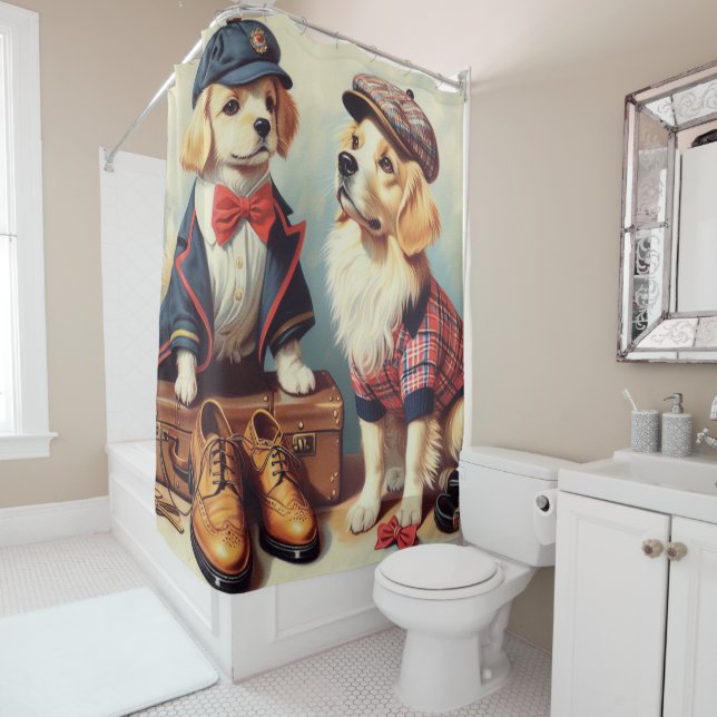 Rideaux De Douche Peinture à l'huile de Chiens Rétro (En situation)