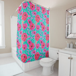 Rideaux De Douche Peinture Anémonique Motif rose & Aqua Floral