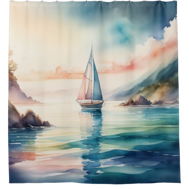 Rideaux De Douche Peinture aquarelle Bateau à voile sur l'eau (Devant)