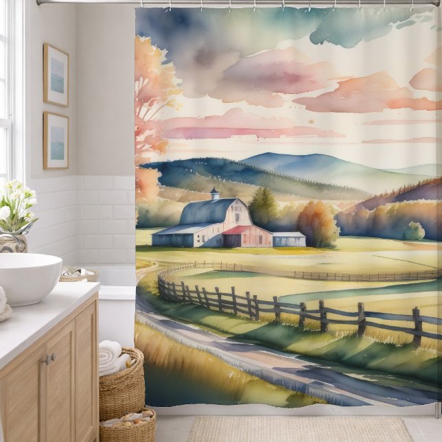 Rideaux De Douche Peinture aquarelle de grange de ferme (Créateur téléchargé)
