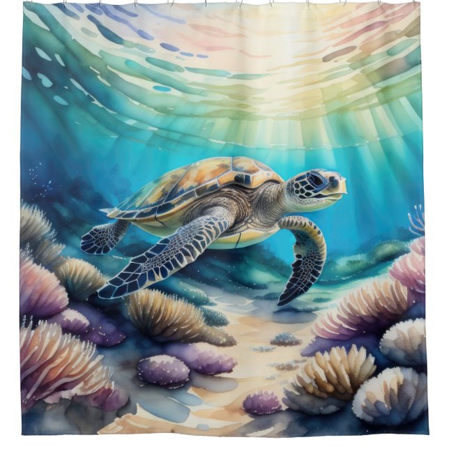 Rideaux De Douche Peinture aquarelle de tortue marine (Devant)