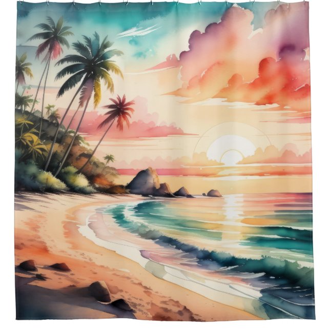 Rideaux De Douche Peinture aquarelle du coucher de soleil de la plag (Devant)